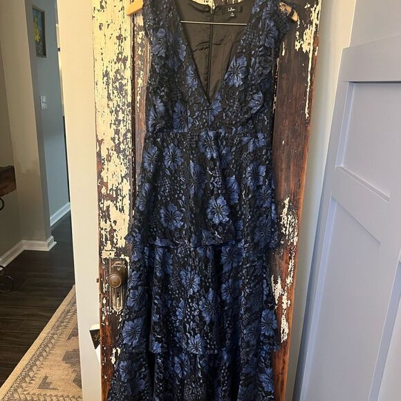 Lulus Dresses & Skirts - Lulu’s Lace blue and black floral long evening gown. Size Medium. Ruffle neck.